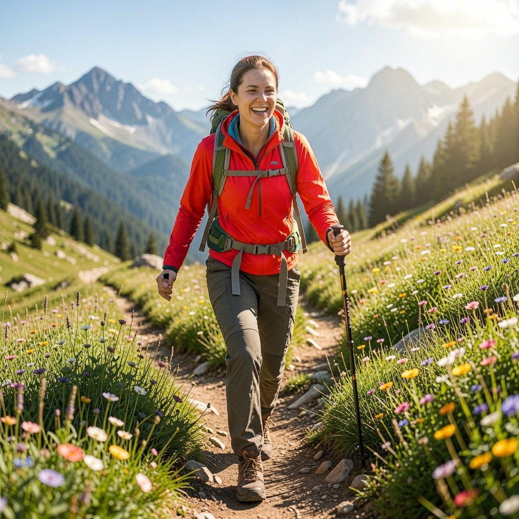 Energetic person hiking mountain trail with vitality and strength